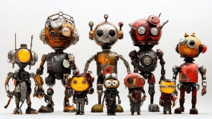 A group of unique, steampunk-inspired robots of various sizes and designs