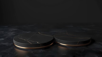 Obraz premium Top view black background with two round podiums for product presentation, mockup design, Generative AI illustrations.