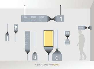 Wayfinding system signage mockup set Direction signs Exterior and interior way finding design