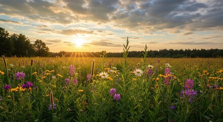 Colorful wildflower meadow at sunrise with lush greenery and dramatic sky.