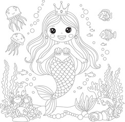 Fototapeta premium Cute underwater mermaid princess coloring page for kids with sea animals, coral reef, and ocean background illustration for creative and fun children's coloring activity