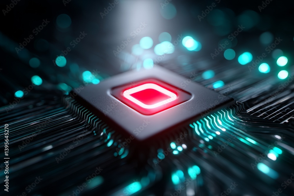 Poster advanced microprocessor technology - close-up view of a modern microprocessor with glowing red core,