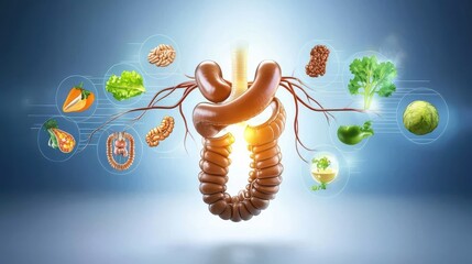 Realistic rendering of digestive organs with healthy foods medical illustration digital art studio environment detailed perspective