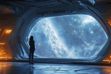 Astronaut Gazing at the Galaxy from Spaceship Window