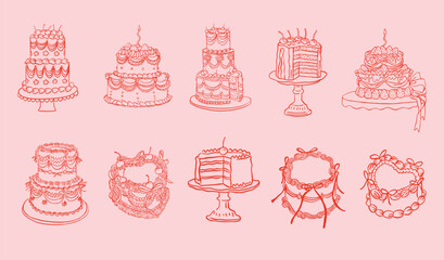 Whimsical wedding birthday cake collection. Hand-drawn cakes line art illustration set. 
