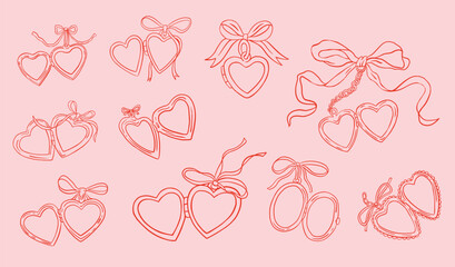Whimsical heart lockets wedding illustration set. Vintage line art heart locket collection.