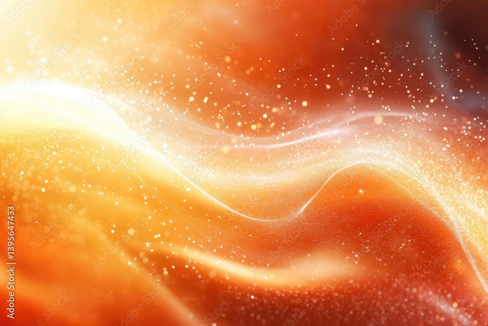 Poster a vibrant orange abstract background with shimmering particles and flowing shapes