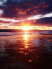 Obraz premium Tranquil ocean sunset with vibrant clouds and reflection on water surface.