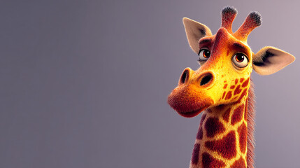 Cartoon giraffe head and neck, furry texture, yellow and brown spots,  gray background, free space,  illustrative style, playful mood