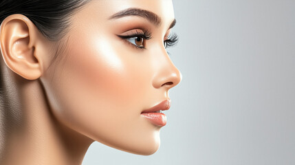 Obraz premium Profile portrait of young woman with subtle makeup has glowing skin and neutral expression