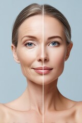 Anti aging concept showing half older woman face and half younger woman face with smooth skin comparison