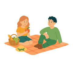 Cute flat illustration of young couple on picnic. Sitting on blanket with basket and fruit.