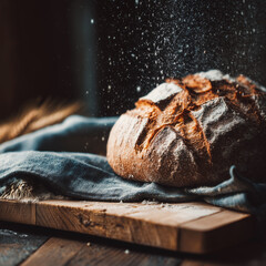 Freshly baked sourdough bread with flour being sprinkled on it on a wooden board