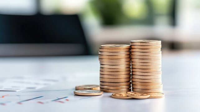 Stacks of gold coins on a table, with financial documents in the background