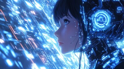 A futuristic anime girl with glowing cybernetic enhancements amidst a digital matrix.