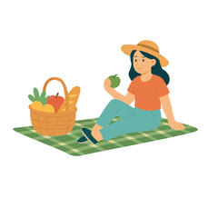 Flat illustration of girl sitting on green plaid with fruit basket. Cute summer picnic scene.