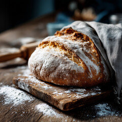 Freshly baked sourdough bread on a wooden cutting board with flour dusting
