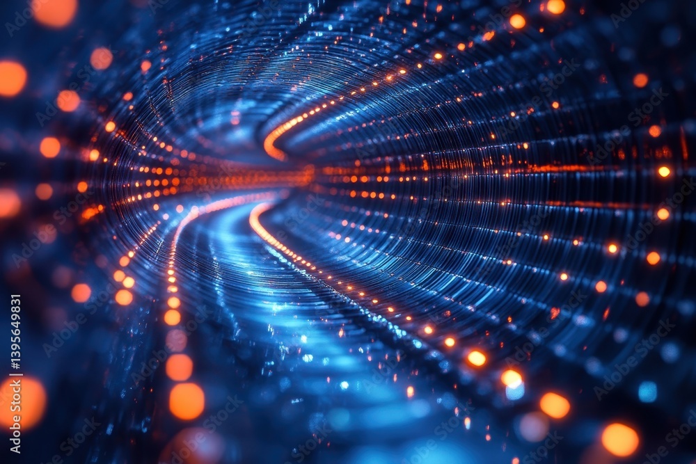 Fototapete abstract digital tunnel with vibrant blue and orange lights creating a sense of movement