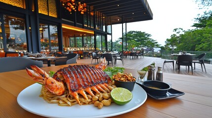 Gourmet thai pad thai noodles with grilled prawns and peanuts scenic restaurant setting outdoor dining experience