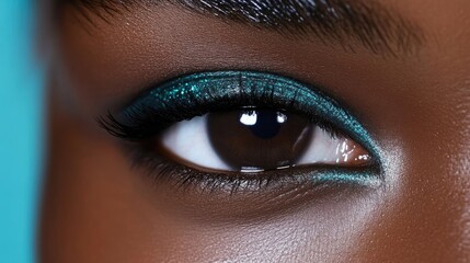 Fototapeta premium Close-up of a woman's eye with vibrant teal eyeshadow and eyeliner. Dark brown eye, highlighting the beauty of the skin tone