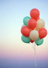 Fototapeta premium Assorted pastel balloons float in a gentle twilight sky, suggesting joy and peaceful celebrations
