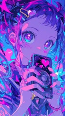 Neon Dreams, an anime girl radiates joy, clutching a cassette, surrounded by glowing hearts and pastel rays, showcasing bold outlines and a vibrant pop art aesthetic.