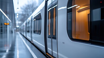 Obraz premium A modern passenger train waiting at a station platform for departures