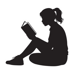 Silhouette of Girl Sitting and Reading Book, Focused Study Illustration