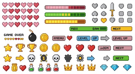 Pixel Art Game Assets Hearts, UI, Level Up, Game Over