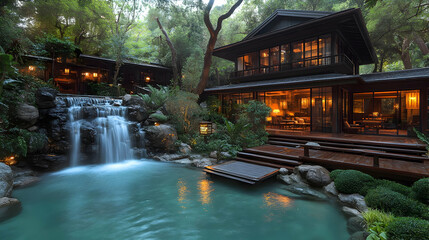 Obraz premium Japanese House with Waterfall and Pond at Night