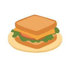Flat cartoon sandwich with cheese, tomato and lettuce. Cute picnic doodle illustration on plate.