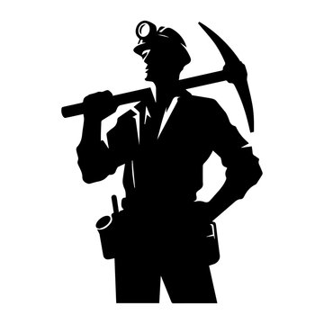 recommend clip art: Black and white graphic silhouette icon of a coal miner or gold prospector standing with pickaxe tool, symbol of mining industry labor, geology, and hard work