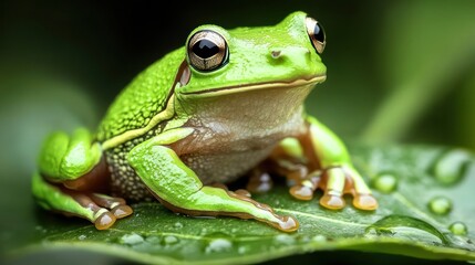 Green tree frog on leaf, rainforest background, nature photography