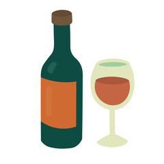 Flat cartoon bottle of wine and glass with wine. Cute summer doodle illustration for picnic and beverage themes.