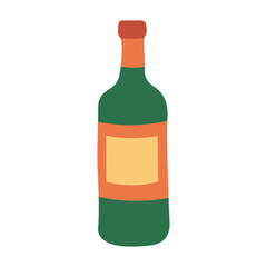 Flat cartoon bottle of wine with empty label. Cute summer doodle illustration for picnic and beverage theme.