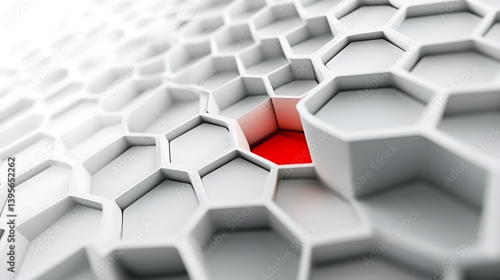 Aufkleber 3D White Hexagonal Grid with Red Highlight, Abstract Geometric Pattern Close Up