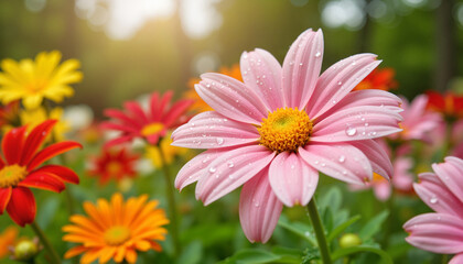 Fototapeta premium Fresh Flower Petals with Raindrops in Colorful Garden for Nature Blogs, Gardening Websites, Floral Decoration, and Environmental Awareness