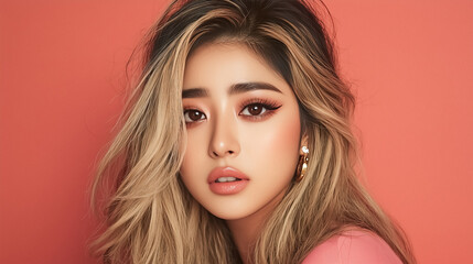 Fototapeta premium woman with dyed hair and soft glowing makeup look against warm colored backdrop