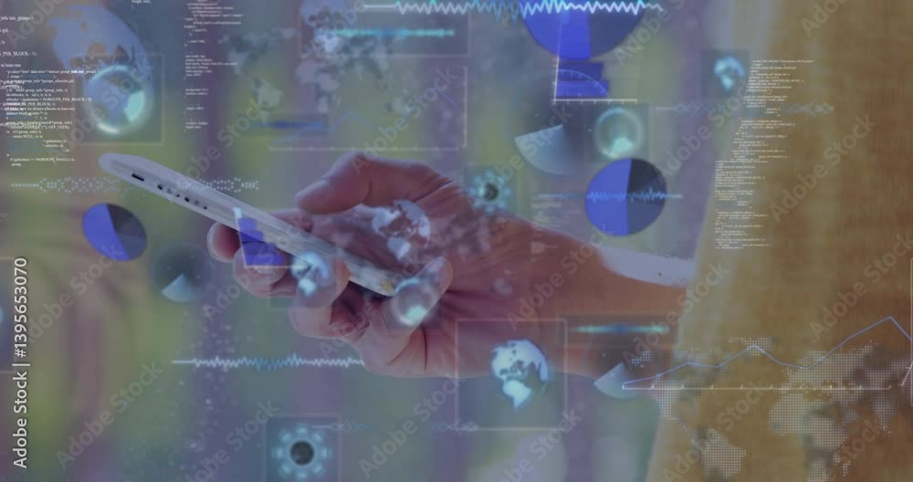 Poster hand holding smartphone with digital data and graphs overlay animation