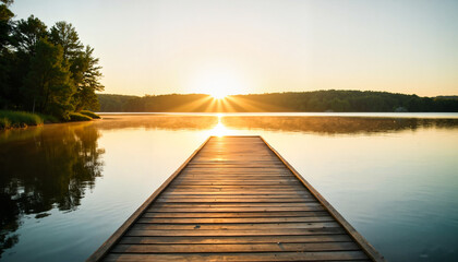 Fototapeta premium Wooden Dock Extending into Calm Lake at Sunrise for Travel Blogs, Nature Websites, Meditation Resources, and Outdoor Adventure Content