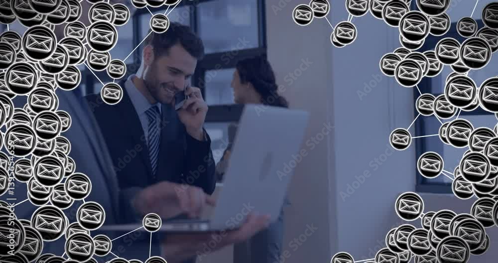 Aufkleber using technology, business professionals with email icons and network animation overlay