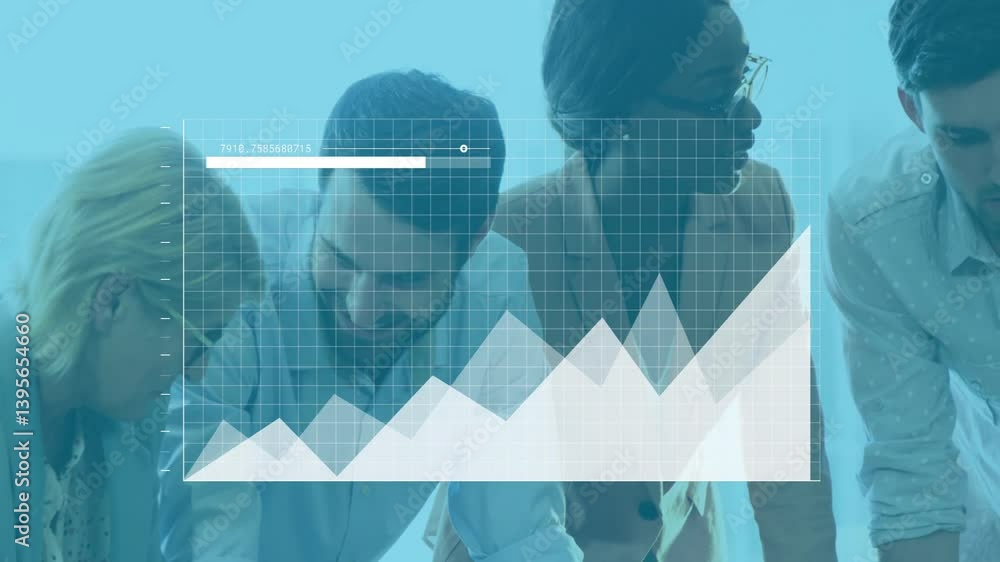 Poster collaborating in office, business team working with graph animation overlaying tasks