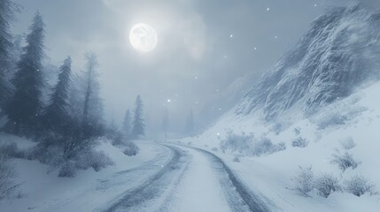 Snowy path through winter forest