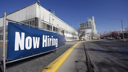Now Hiring’ Banner at Industrial Factory - Sign of Local Manufacturing Growth & Job Opportunities