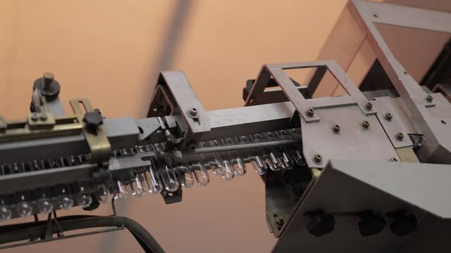 Empty transparent plastic preforms move along a conveyor belt into an automatic blow molding machine. Industrial manufacturing process.