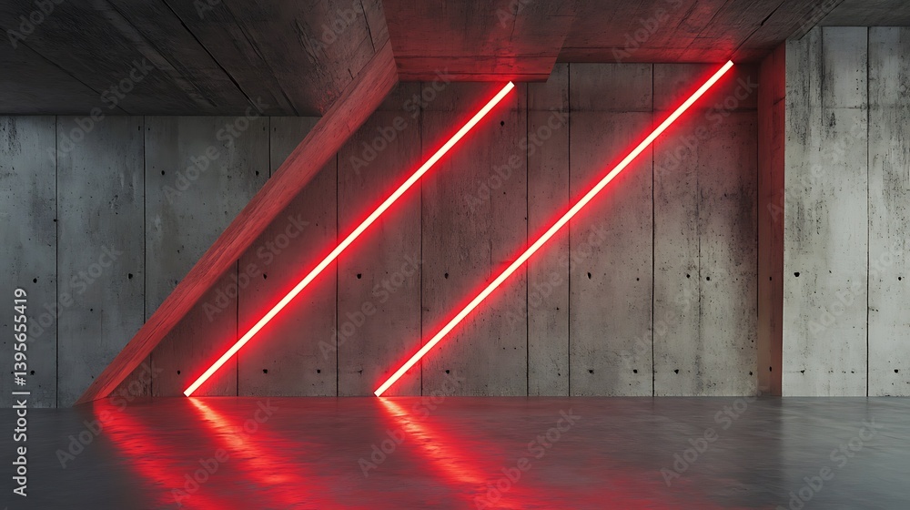 Poster concrete room with two red neon lines strikingly reflecting on the floor