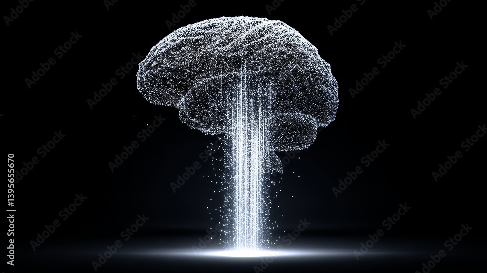 Poster brain data stream - abstract of a brain with data streaming downwards, representing artificial intel