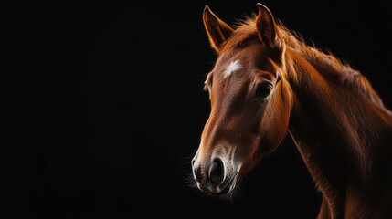 Obraz premium Chestnut horse portrait, dark background, equine elegance, stock photo