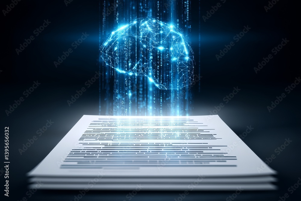 Poster brainpower: data to document - abstract of a brain transferring data into a document, symbolizing kn