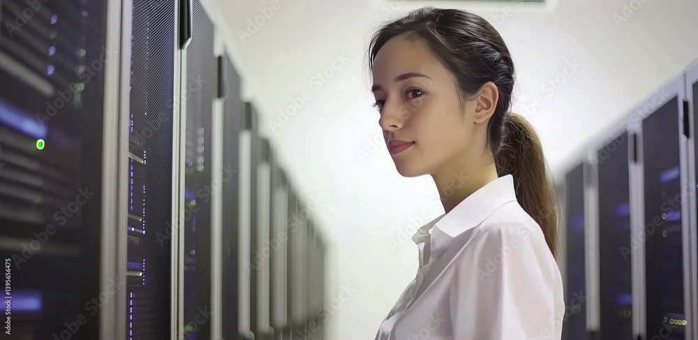 Poster professional inspecting servers in data center ensuring optimal performance and security